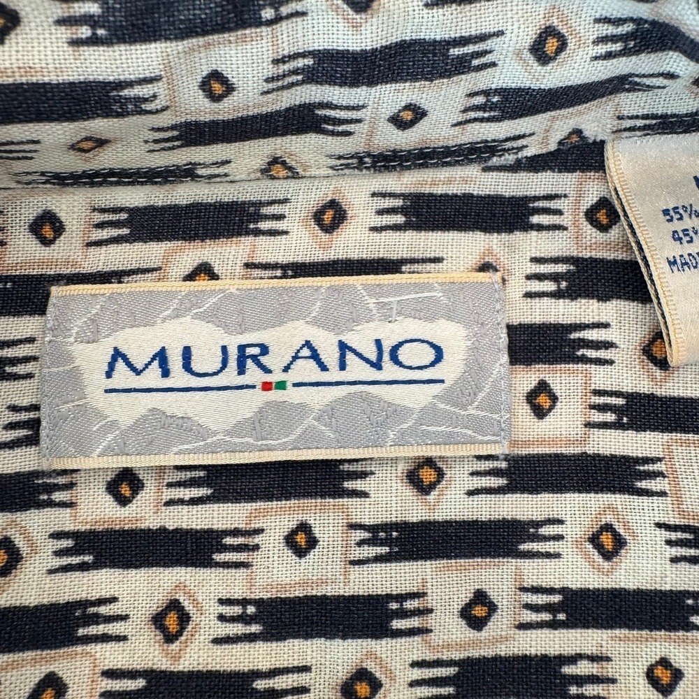 Murano Mens Linen Cotton Blend Short Sleeve Button Down Ikat Print Shirt Medium - Picture 4 of 8